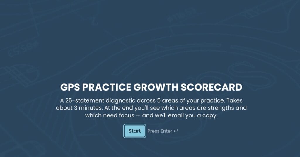 The GPS Practice Growth Scorecard start screen: a 25-statement diagnostic across 5 areas of your practice