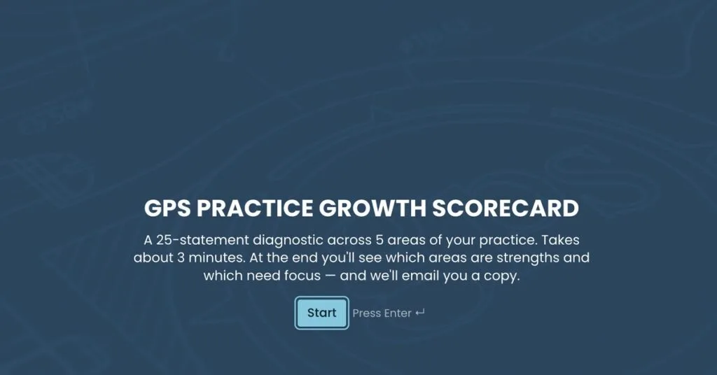The GPS Practice Growth Scorecard start screen: a 25-statement diagnostic across 5 areas of your practice