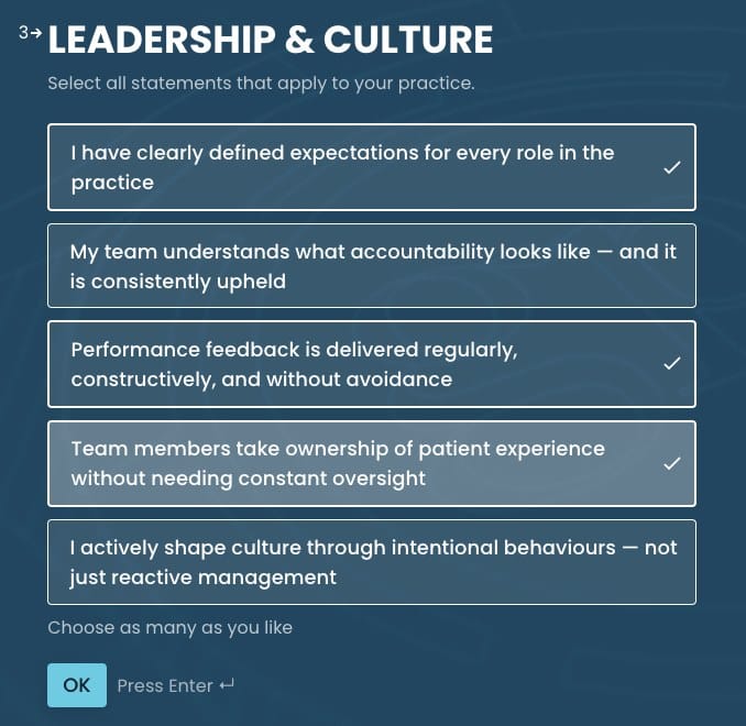 The Leadership & Culture section of the GPS Practice Growth Scorecard, showing five statements to select from